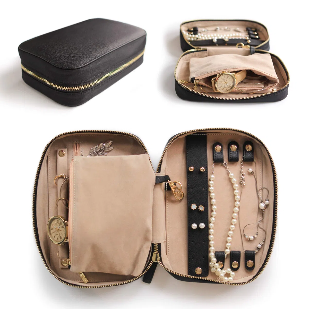 CASE ELEGANCE Organizador Grande de Viaje para Joyería con Cuero de Grano Resistente a Arañazos (Negro)