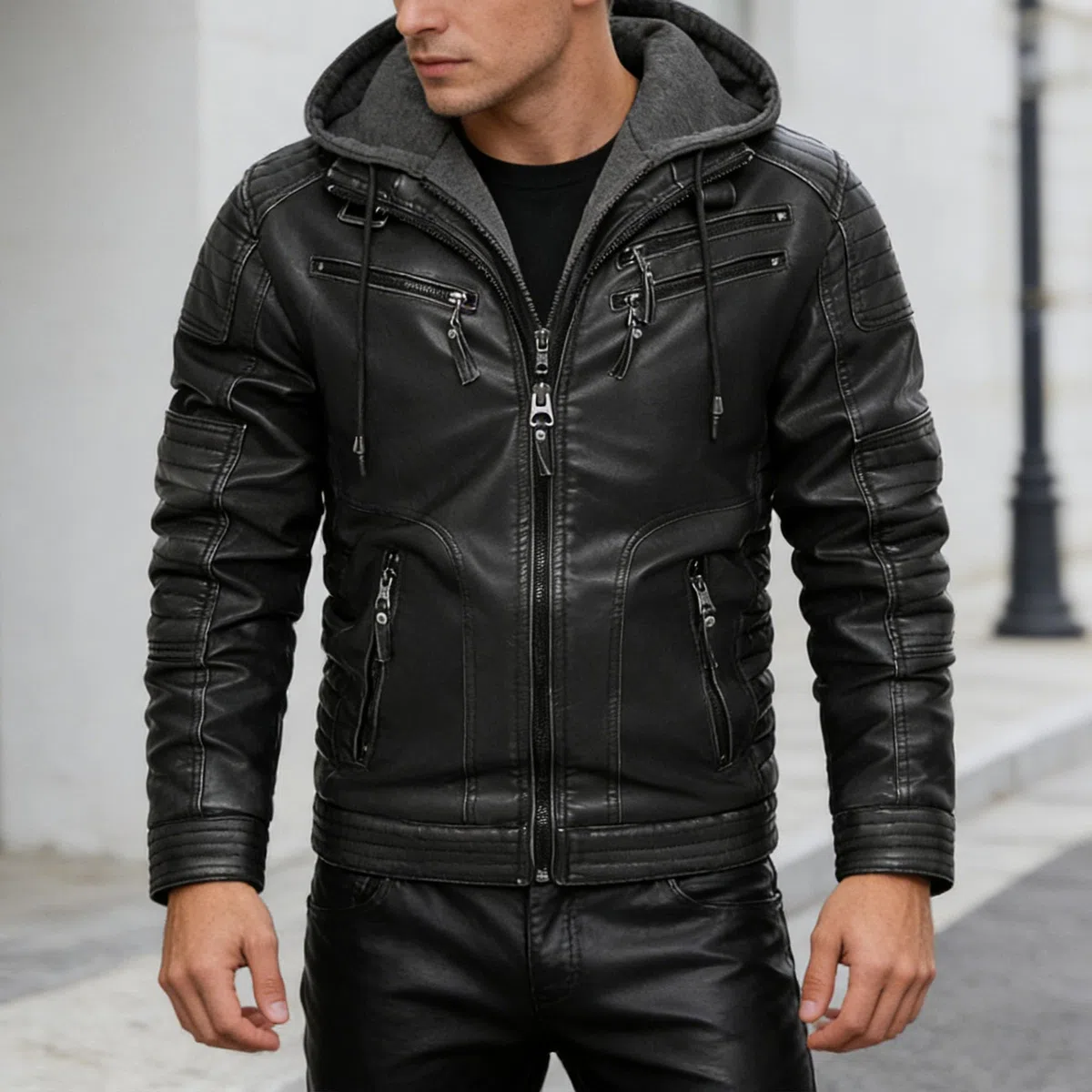 Chaqueta de motociclista retro de piel sintética para hombre, con cuello alto, cremallera y capucha extraíble, ropa abrigo informal