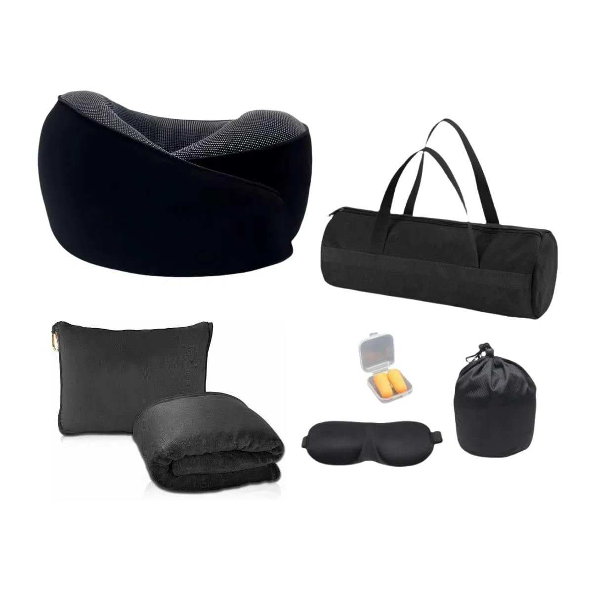 Almohada de viaje – Almohada ergonómica de espuma viscoelástica para viajes, almohada de vuelo compacta y ajustable con máscara de ojos, tapones para los oídos, manta, bolsa de almacenamiento y
