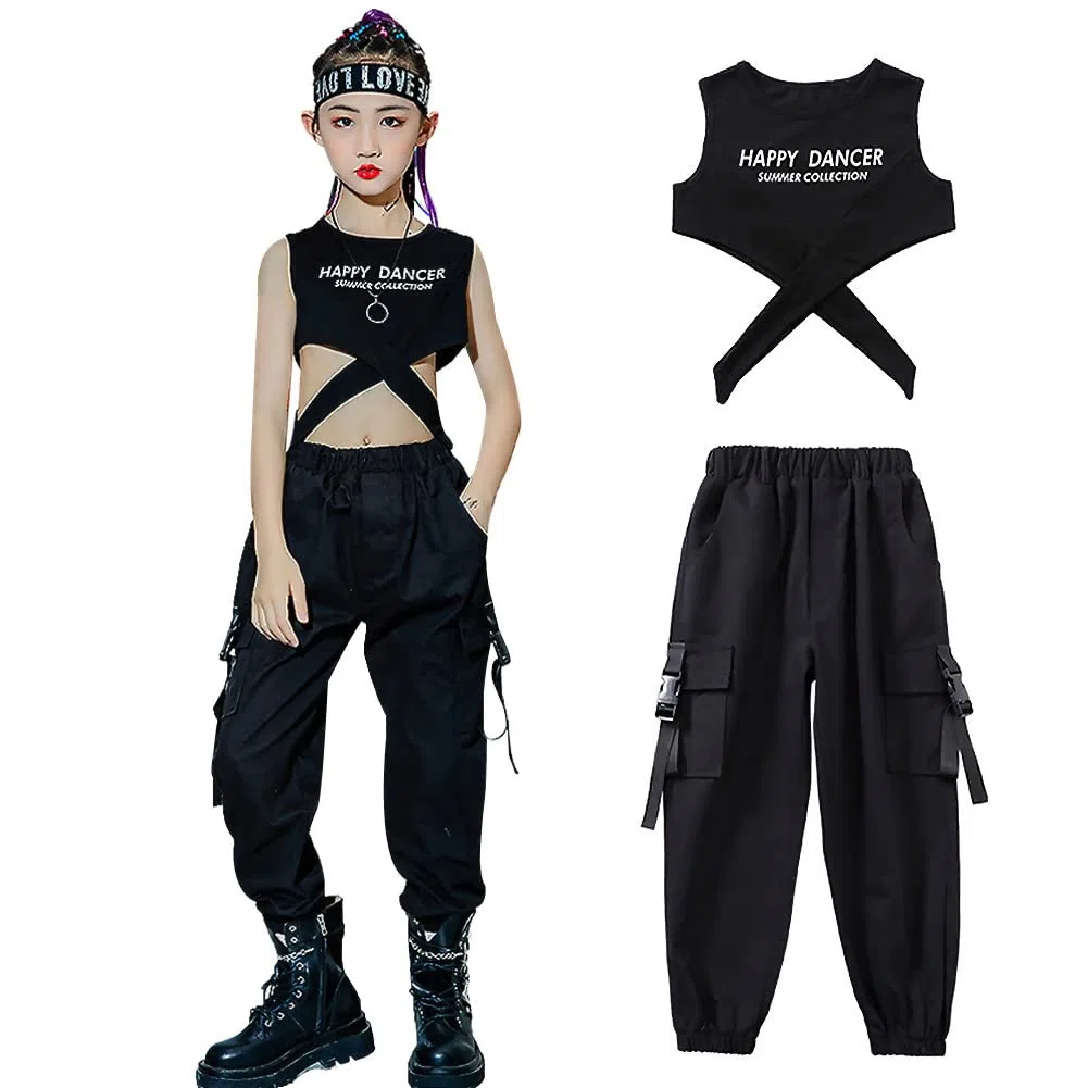 Ropa Niña Top Corto Cintura Alta Moda + Pantalones Conjunto 2 Piezas Disfraces Hiphop Baile Jazz para Edad 3-17 Años