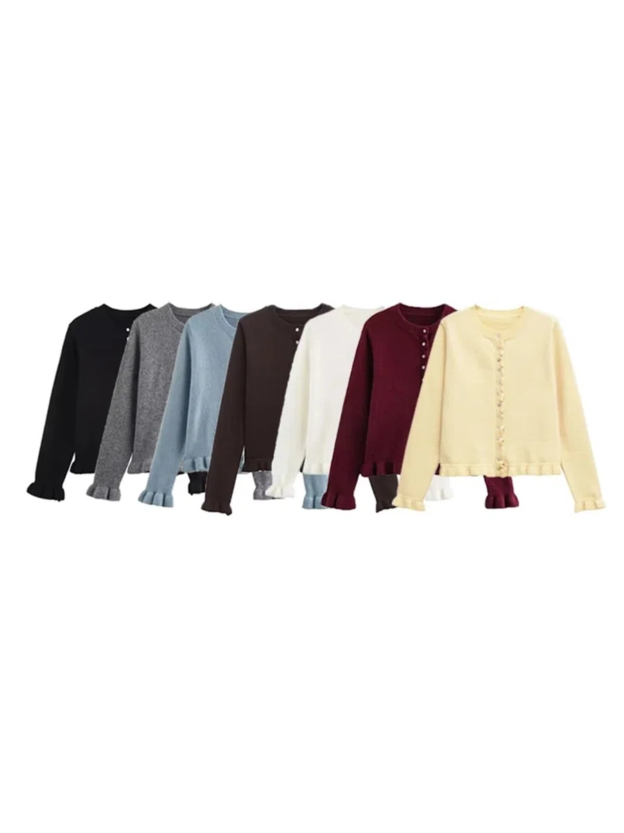 Cárdigan de Punto con Volantes for Mujer, suéter Elegante Cuello Redondo, Manga Larga y Botones Delanteros, Prenda Exterior Cárdigan Mujer