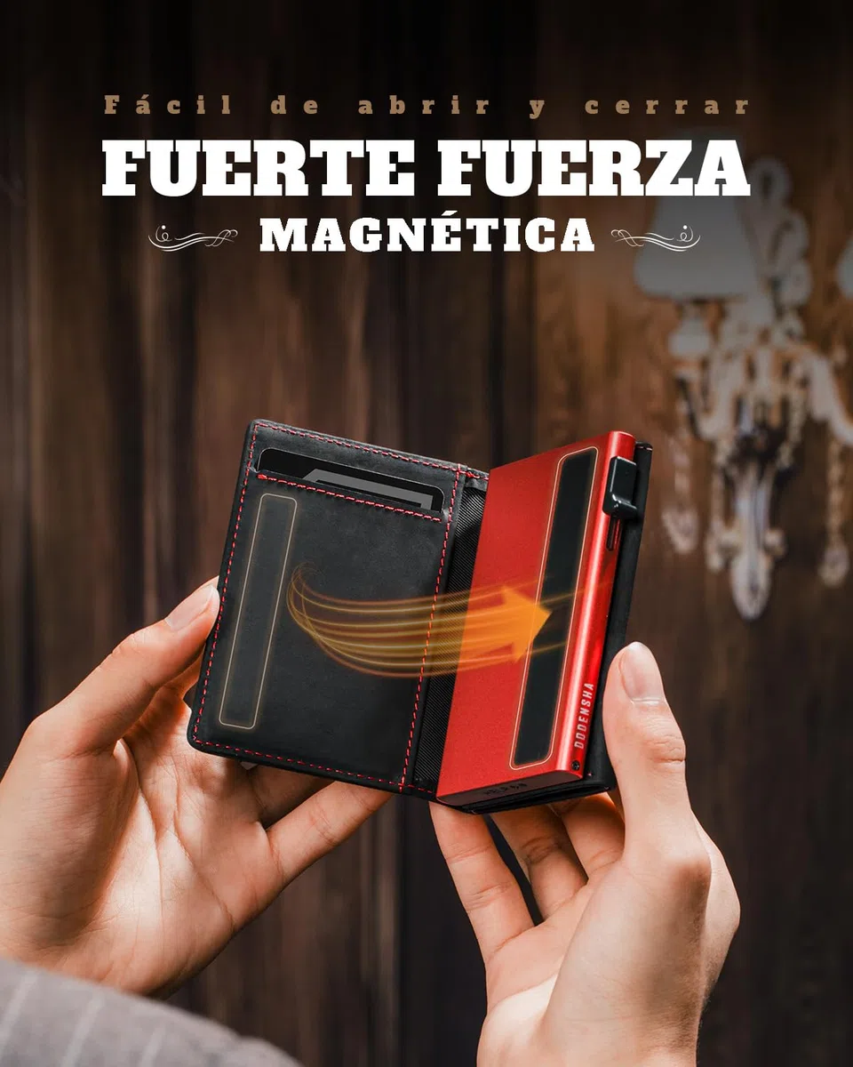 DODENSHA Cartera de Hombre Portátil de Cuero Genuino Marrón con Protección RFID, 10+ Tarjetas de Crédito, Portamonederos, Cierre Magnético, negro / rojo, 10cm x 6.5cm x 2cm, Minimalista