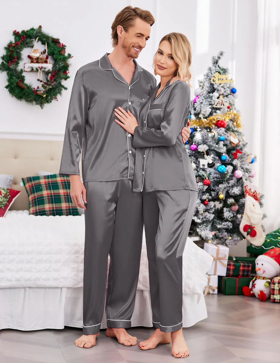 Ekouaer Pijamas a juego para parejas, de seda, de manga larga, de satén, suave, con botones, tallas S-XXL, Gris oscuro, Medium