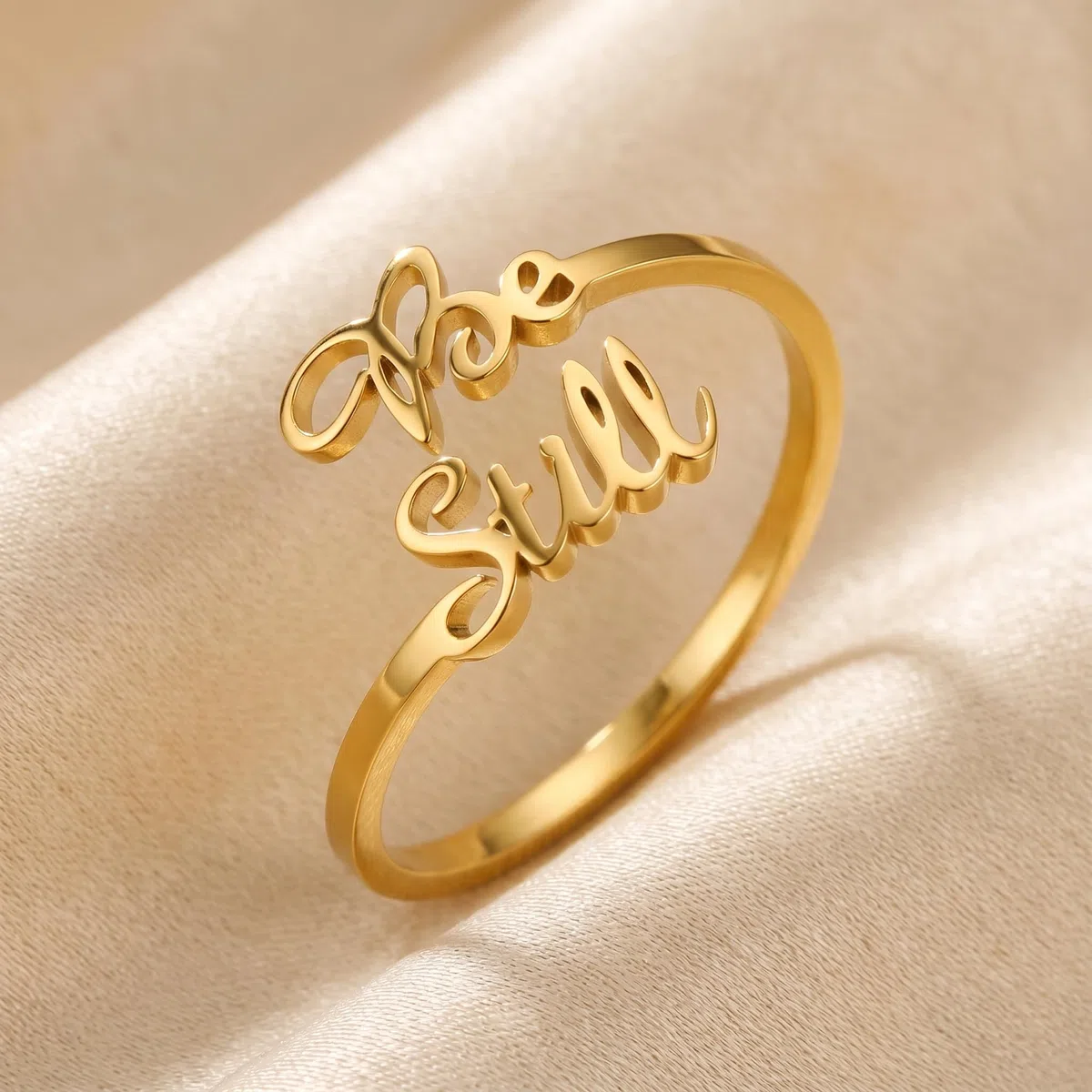 Anillo con versículo bíblico Be Still And Know That I am God, anillo abierto de acero inoxidable chapado en oro de 14 quilates, anillos de pureza, joyería cristiana, regalos para mujeres, salmo 46