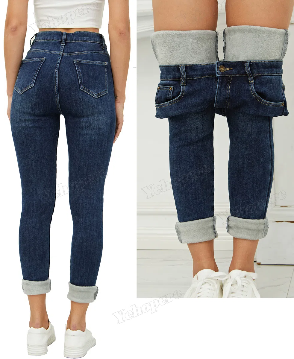 Yehopere - Pantalones vaqueros de invierno con forro polar para mujer, corte ajustado, cálidos, cintura alta, XS