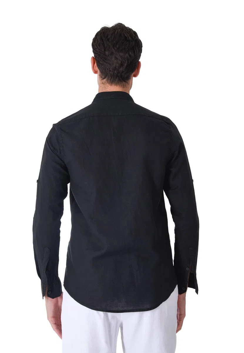 Camisa de hombre 100% lino cuello coreano blanco azul beige celeste negro rosa verde manga larga verano Slim Fit Serafino Sartorial Mangas revolables Negro XL