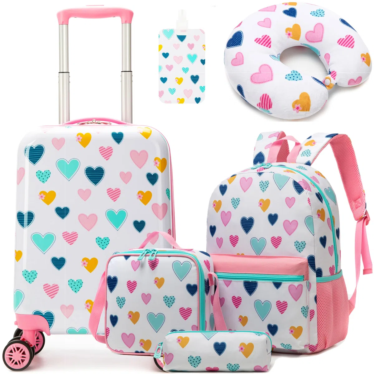 HTgroce Maleta Infantil Niña, Maletas De Viaje con Mochilas Escolares, Almohada para Cuello, Etiqueta de Equipaje, Bolsa de Almuerzo, Bolsa de lápices, Maletas de Viaje