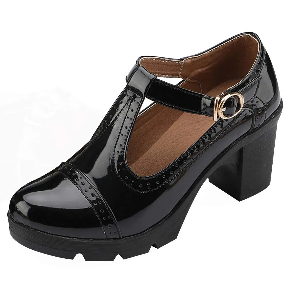 ANUFER Mujer Medio Tacón Grueso Mary Janes Brogue Bombas | Correa en T Ajustable, Cuero Sintético, Uniforme Oficina Zapatos de Vestir