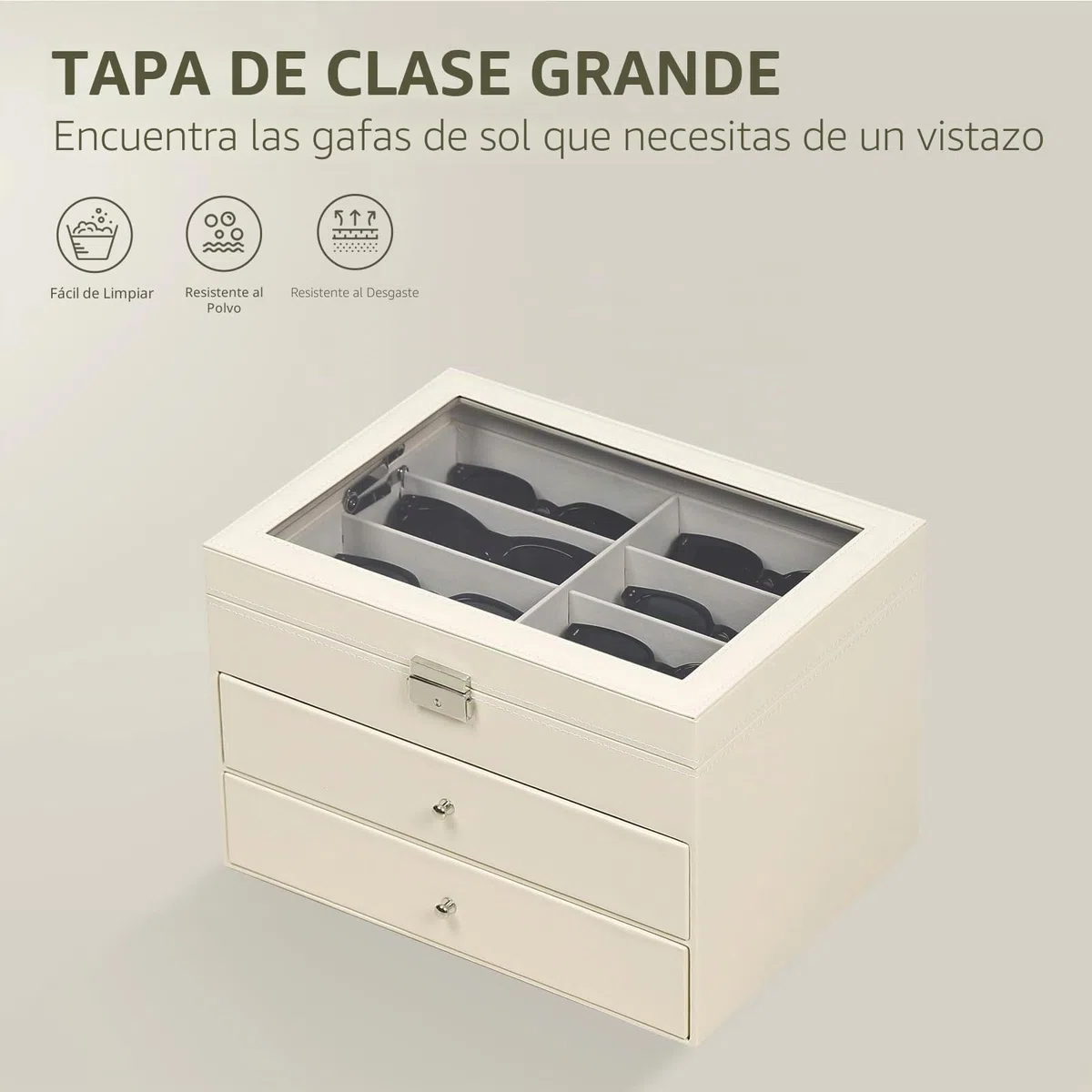 AUTOARK Tapa transparente de cuero,24 piezas,Almacenamiento para gafas y gafas de sol,Organizador con cerradura,Beige,MKAW047