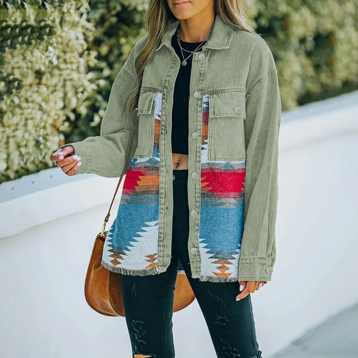 Jeans Casual chaquetas 2023 Otoño Invierno nuevo azteca solapa bolsillo Denim abrigo Patchwork manga larga lana mujer chaqueta Retro