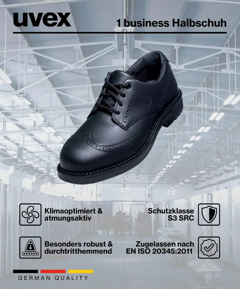 Uvex 1 Zapatos de seguridad con puntera de acero, zapatos de trabajo resistentes y transpirables S3 SRC, unisex, color negro, talla 52