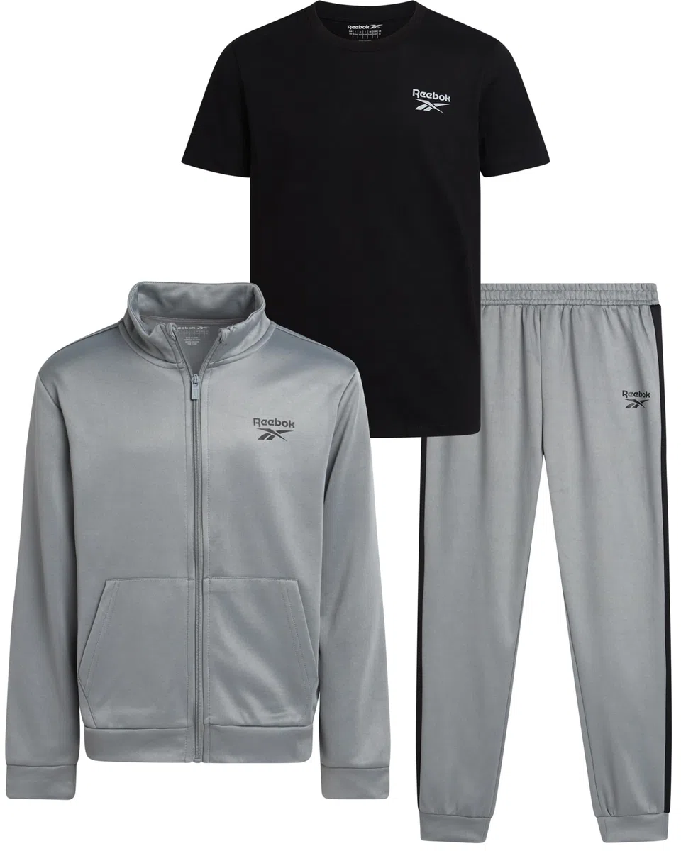 Reebok Conjunto deportivo de 3 piezas con chaqueta de punto con cremallera, camiseta y pantalones deportivos para niños