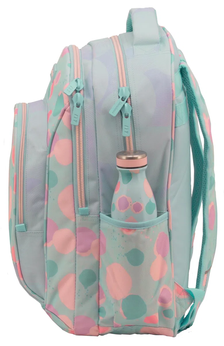 Sportandem Tandem mochila escolar doble cuerpo con compartimento acolchado para portátil, 23 L, bolsillos para botella y organizador, verde pastel/celeste/rosa