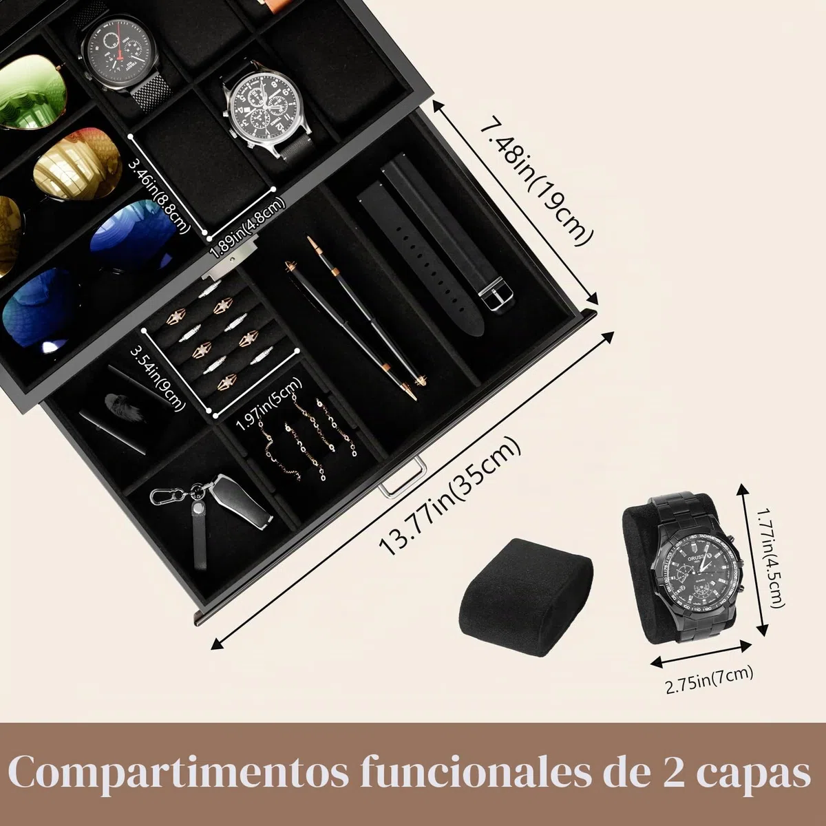 ProCase Caja para Relojes y Gafas, Estuche para Reloj y Joyero Almacenamiento con Tapa de Cristal Cajón para Anillos Pulseras -Negro