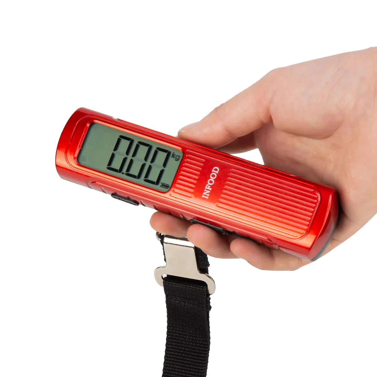 Infood Báscula digital de equipaje sin batería, báscula de peso de maleta con gancho y pantalla LCD para viajes, capacidad de 110 libras/50 kg, color rojo