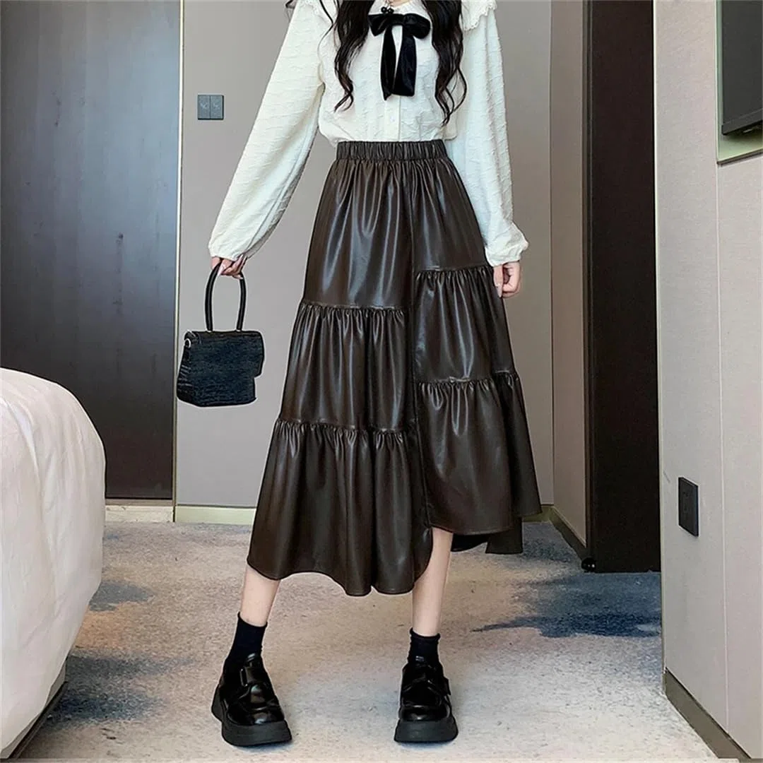 Otoño Invierno Irregular Faux PU Cuero Mujeres A-Line Falda Alta Cintura Recta Shirring Paraguas Faldas