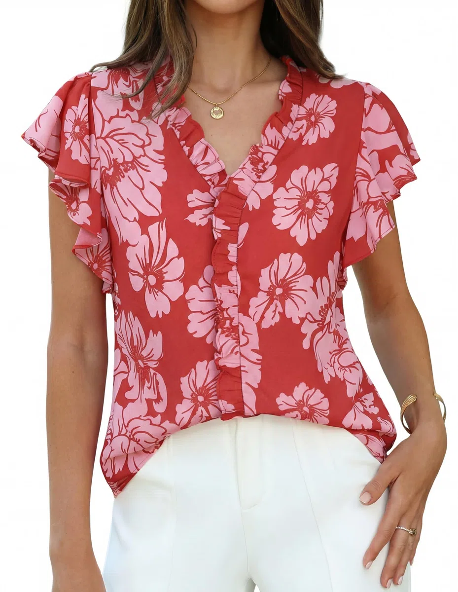 GRACE KARIN Blusa de verano de manga corta con volantes para mujer, estilo casual, holgada, floral, estilo bohemio, elegante