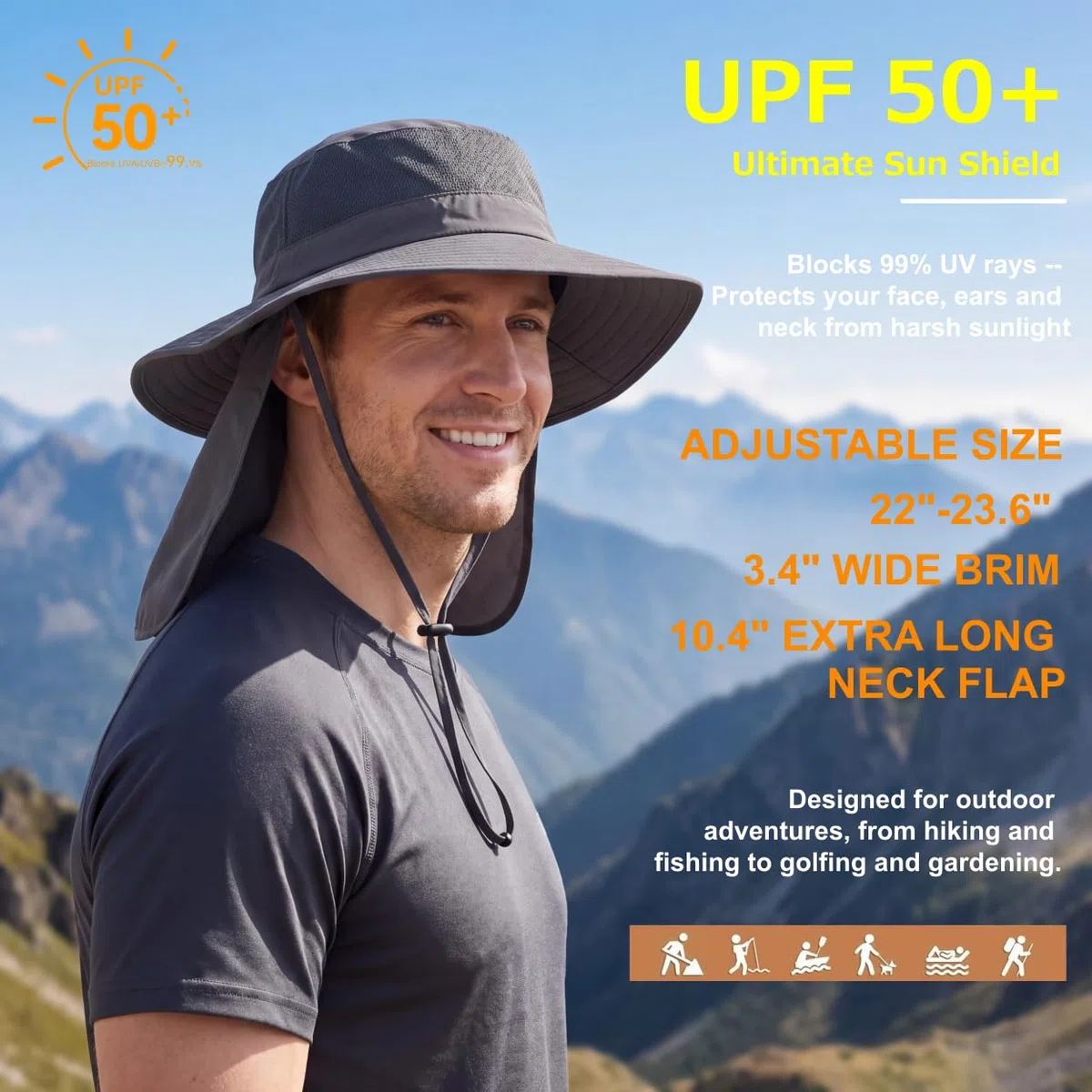 Sombrero unisex de ala ancha para el sol, malla UPF50+, sombreros de safari con solapa para el cuello, sombreros de pesca