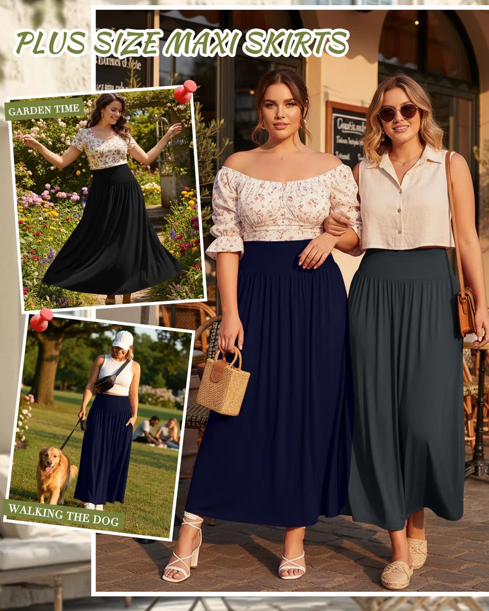 Ficerd Pack de 3 Faldas Largas Maxi Tallas Grandes para Mujeres Curvas Corte en A Cintura Alta Faldas de Verano con Bolsillos