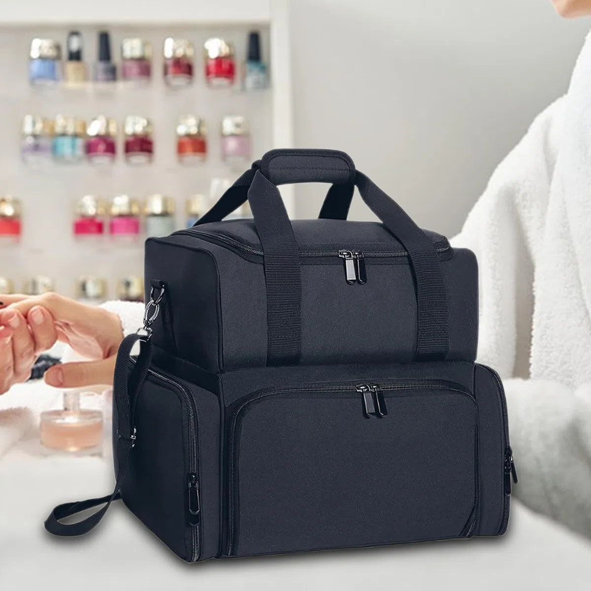 Bolsas de uñas para accesorios de uñas, organizador de esmalte de uñas, bolsa para | Juego de lámpara de uñas – Estuche de almacenamiento para 70 botellas con soporte y correa para el hombro para viajes