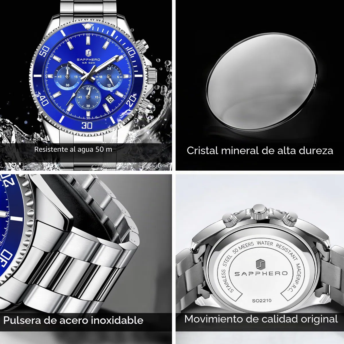 SAPPHERO Reloj Hombre Cronografo Analógico Movimiento de Cuarzo 50M Impermeable Relojes para Hombre Banda de Acero Inoxidable Clásico Casual Diseñador Relojes Elegante Regalo para Hombre