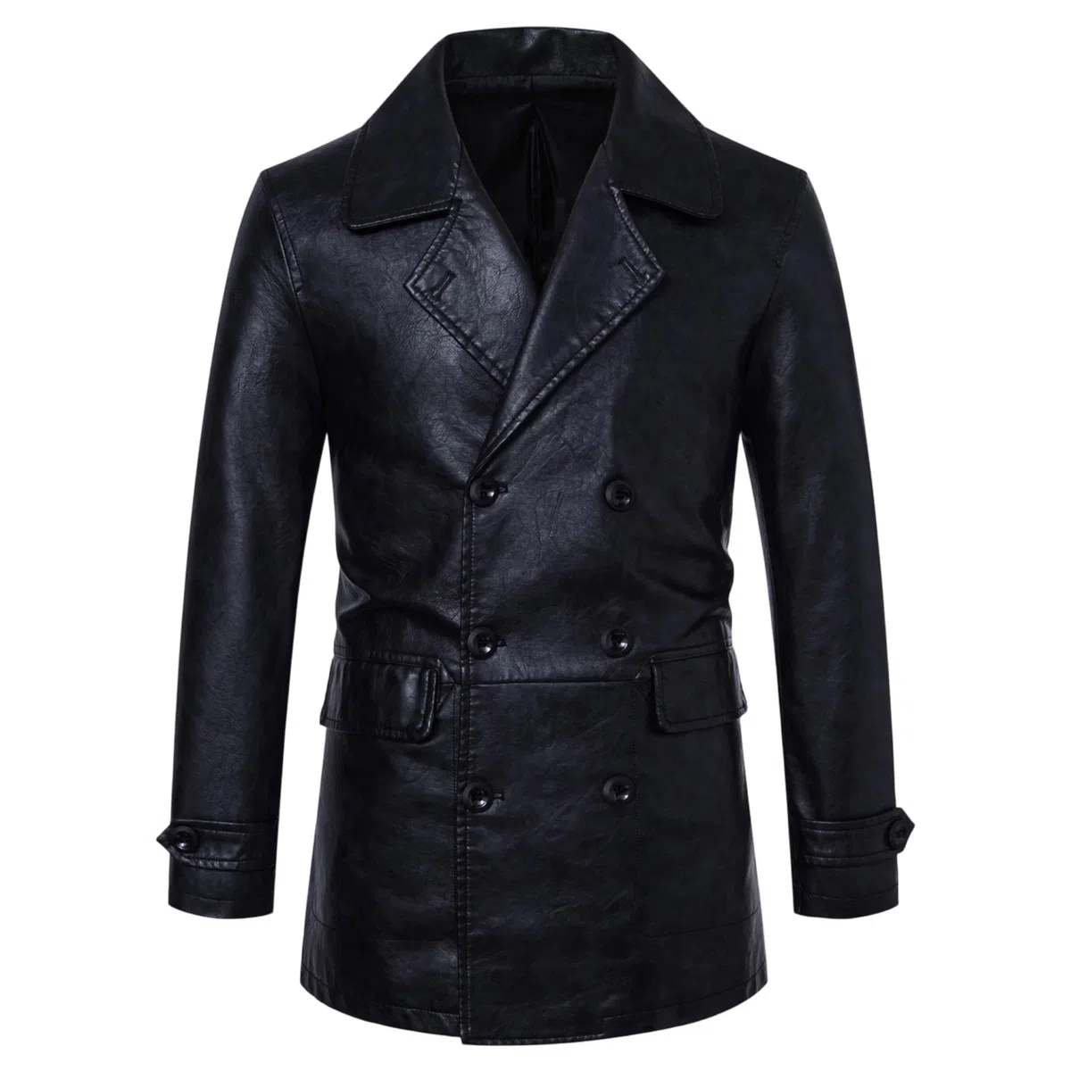 Chaqueta blazer cruzada de piel sintética para hombre, estilo motero, corte entallado, abrigo formal, elegante chaqueta de vestir.