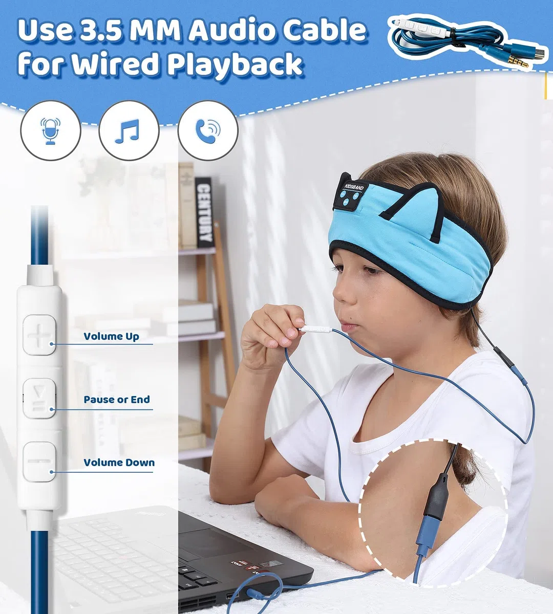 KIDSBAND Auriculares Bluetooth para niños con Diadema Ajustable, Auriculares inalámbricos para Dormir para niños con reproducción con Cable Jack de 3,5 mm para Adolescentes, niños, niñas