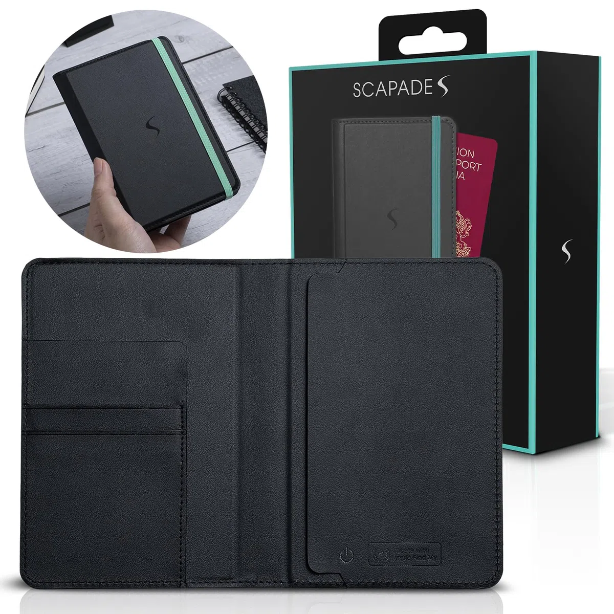 SCAPADE AirPass - Cartera para pasaporte rastreable, funciona con Apple Find My, batería recargable (5-6 meses), 3 ranuras para tarjetas, no necesita aplicación, elegante funda de viaje para usuarios