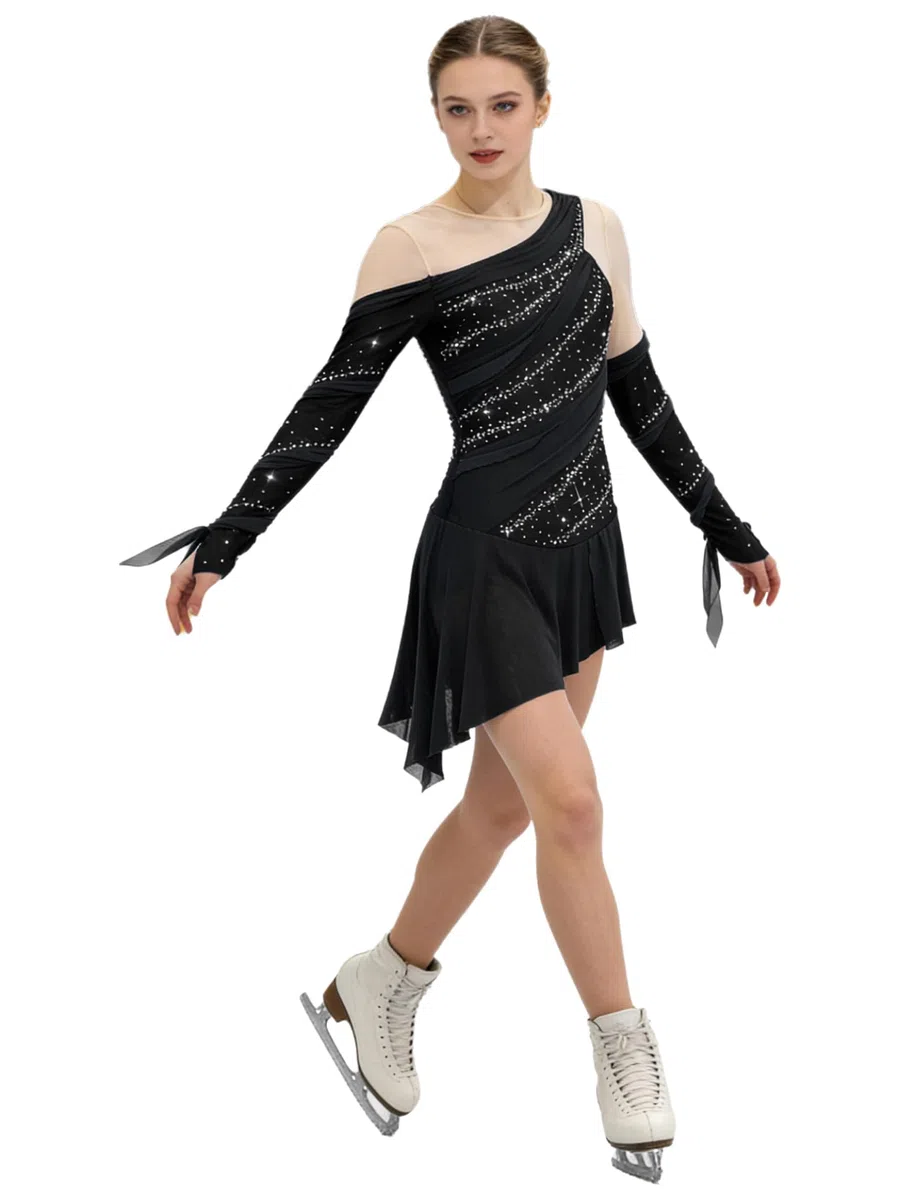 Hedmy Vestido de Patinaje Artístico sobre Hielo Mujer Competición Maillot con Falda Ballet de Gasa Leotardo Gimnasia Vestido de Baile Contemporáneo