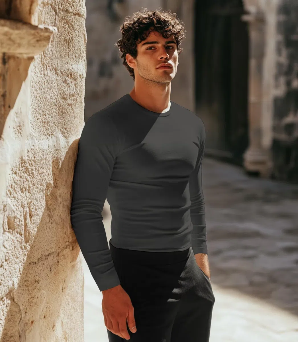 Camiseta interior deportiva para hombre, capa base térmica atlética, cuello redondo, manga larga, camiseta de entrenamiento ajustada