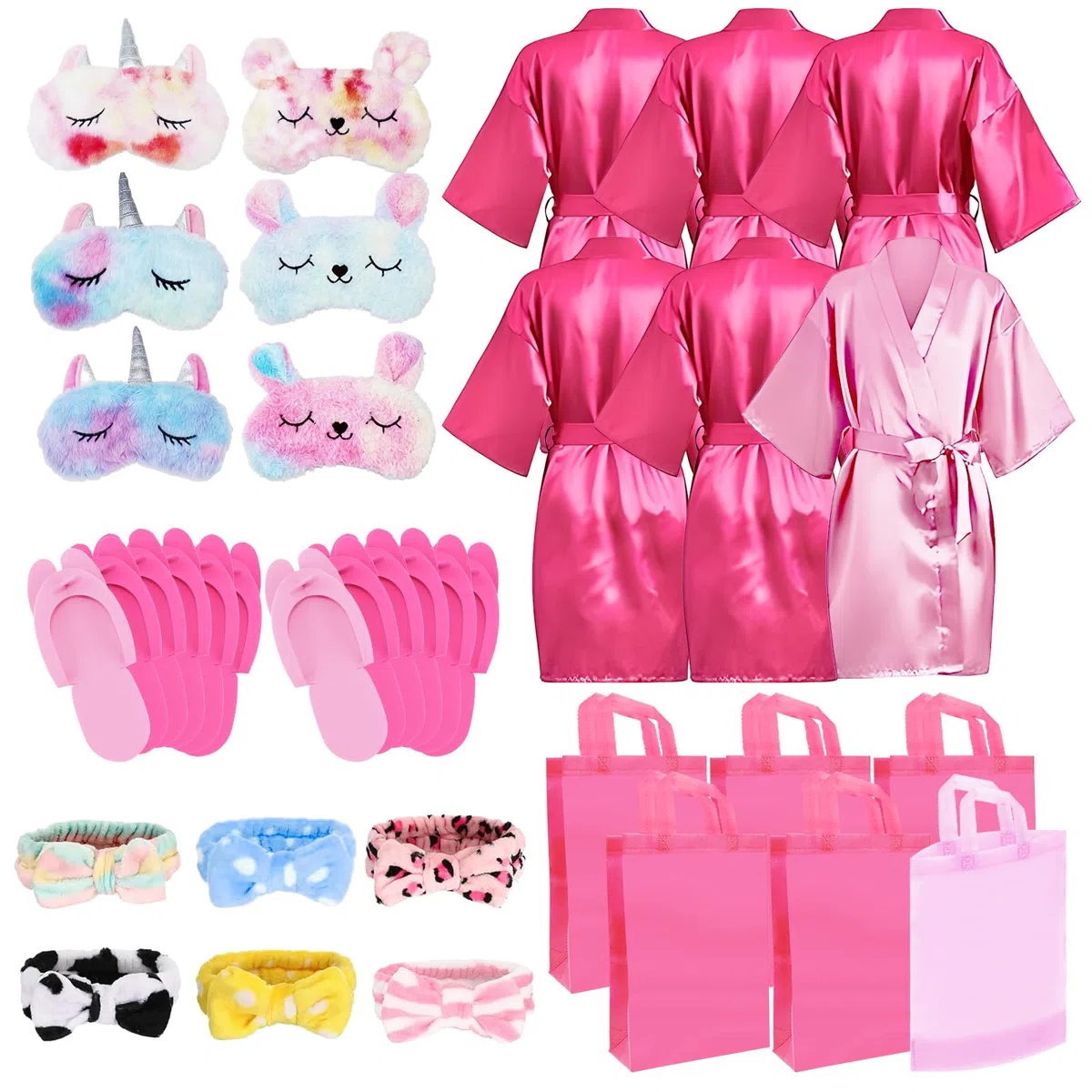 MSYU 30 piezas de suministros de fiesta de spa para niñas, 6 batas de satén, 6 pantuflas para niños, fiestas de pijamas, regalos de fiesta de cumpleaños, spa, talla 8, rojo rosa, rosa