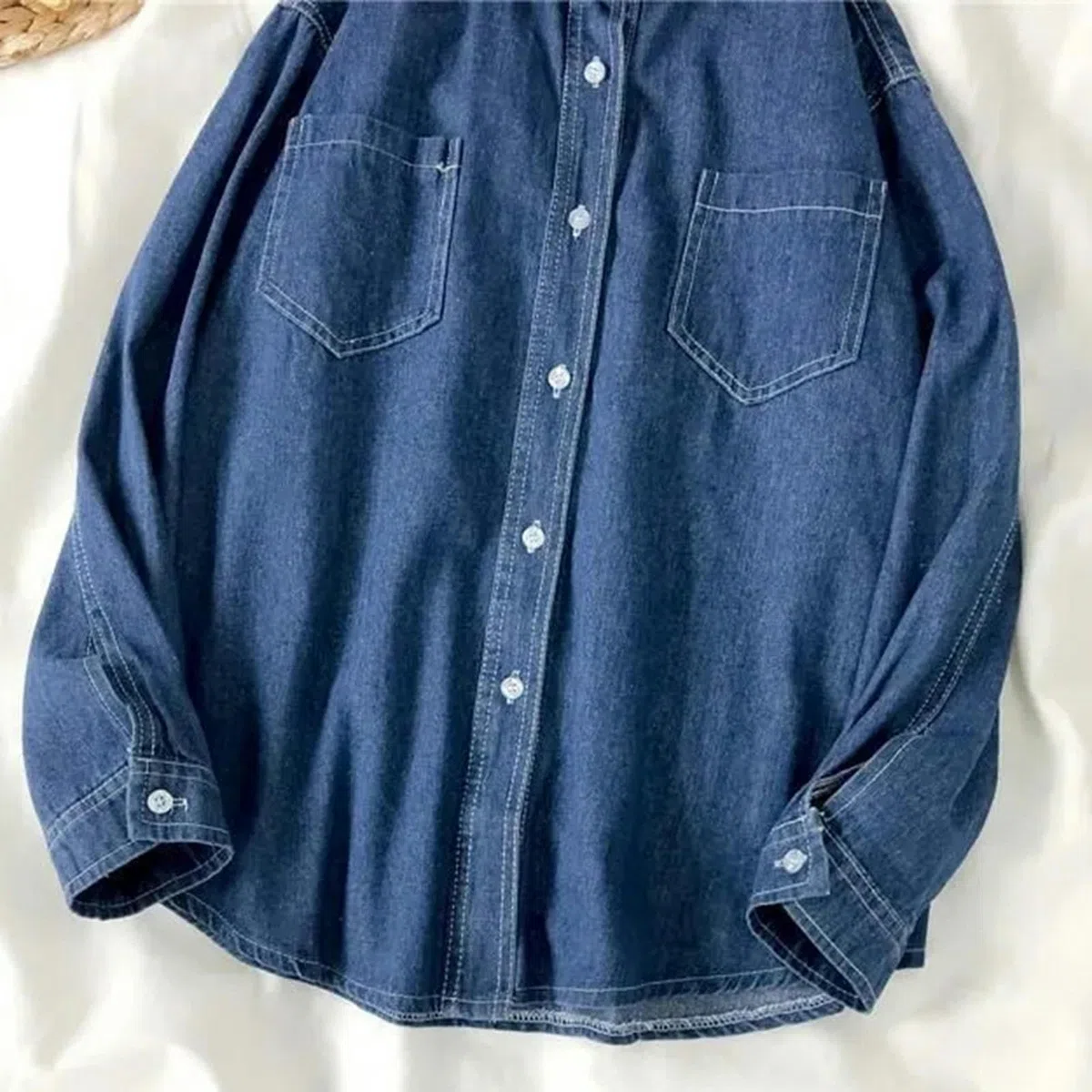 Camisa Vaquera de Manga Larga de otoño Camisa con Bolsillo de un Solo Pecho Camisa Vaquera de Solapa para Mujer Mujer-8335 Azul-XL