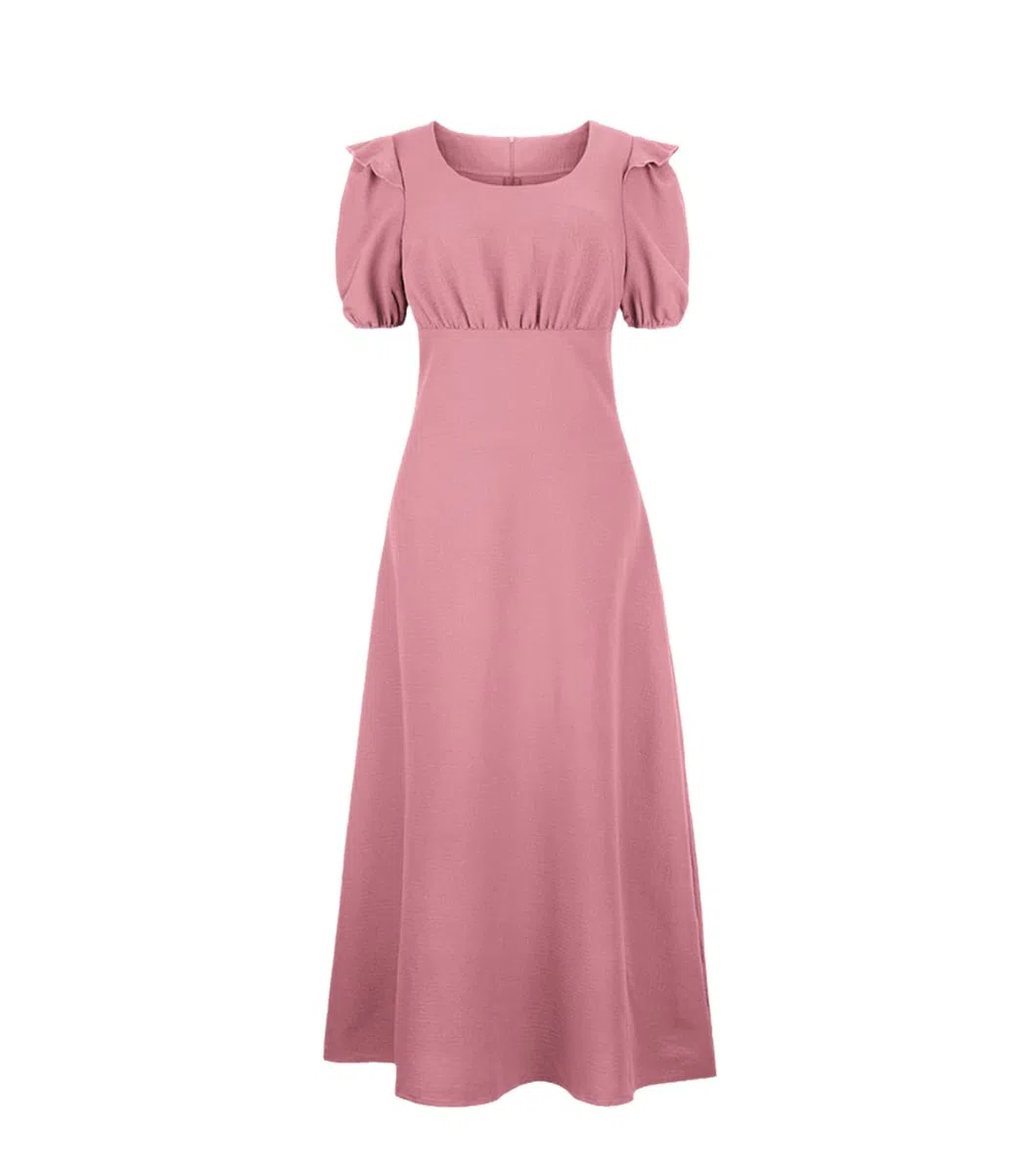 Vestido de oficina para mujer, cuello redondo, manga abombada, de verano, de cintura alta, ajustado, para fiesta