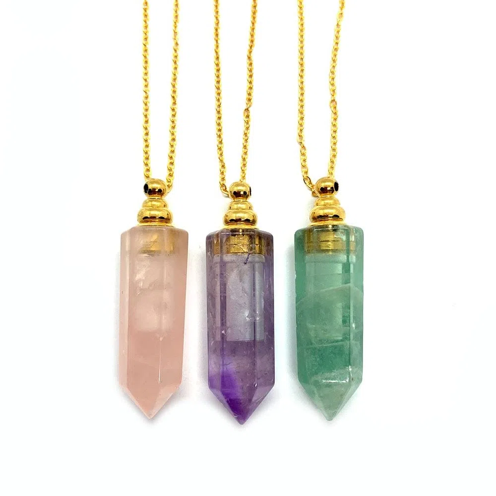 Collar Aromaterapia Collar de Botellas de Perfume de Piedra Natural 12x47mm Botella de Perfume de Cristal Blanco Colgante Collar de Damas Aroma Difusor Botella (Metal Color : A)
