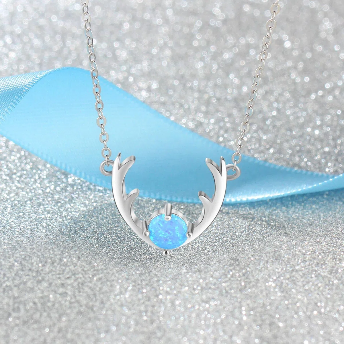 SALAN Collar con Forma De Astas De Ciervo De Alce De Joyería Fina De Plata De Ley 925 con Collares Y Colgantes De Ópalo Azul para Mujer