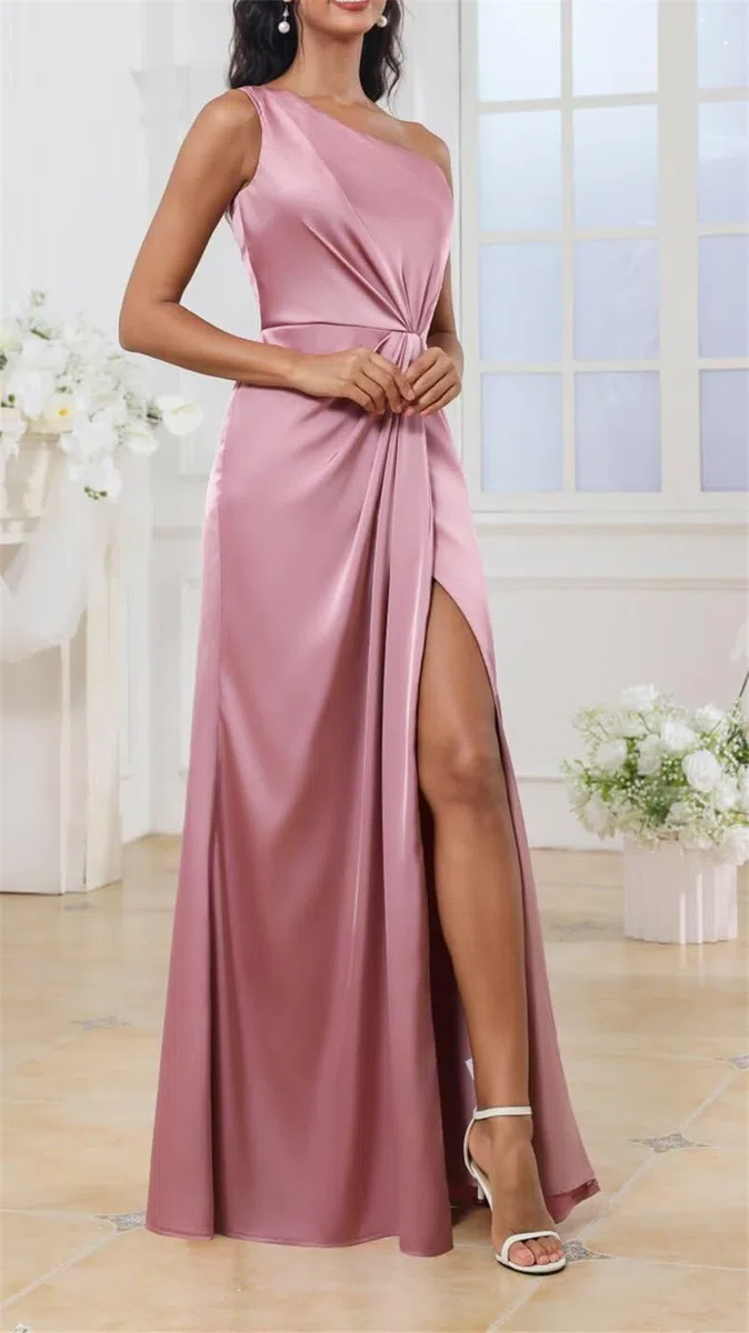Vestido de dama de honor de satén con un hombro descubierto, plisado, sin mangas, vestido formal de noche para fiesta