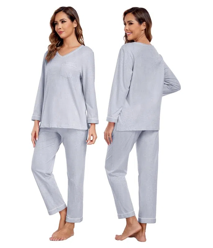 COLORFULLEAF Pijama para mujer 100% algodón largo pijama conjunto dos piezas otoño invierno pijamas manga larga traje de casa, gris, S