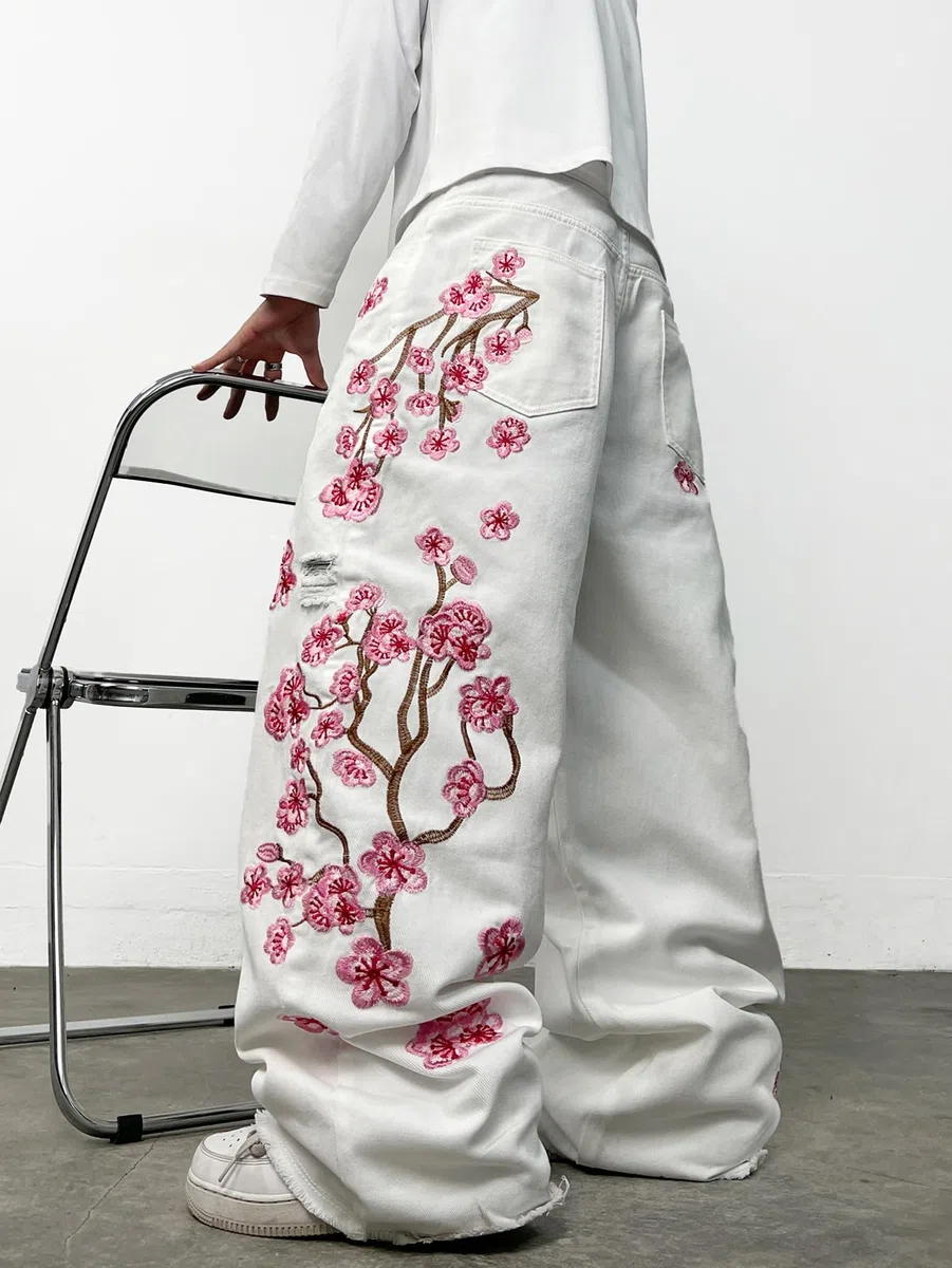 Pantalones de mezclilla holgados para hombre, estilo hip hop, bordados, pierna ancha, pantalones de mezclilla holgados