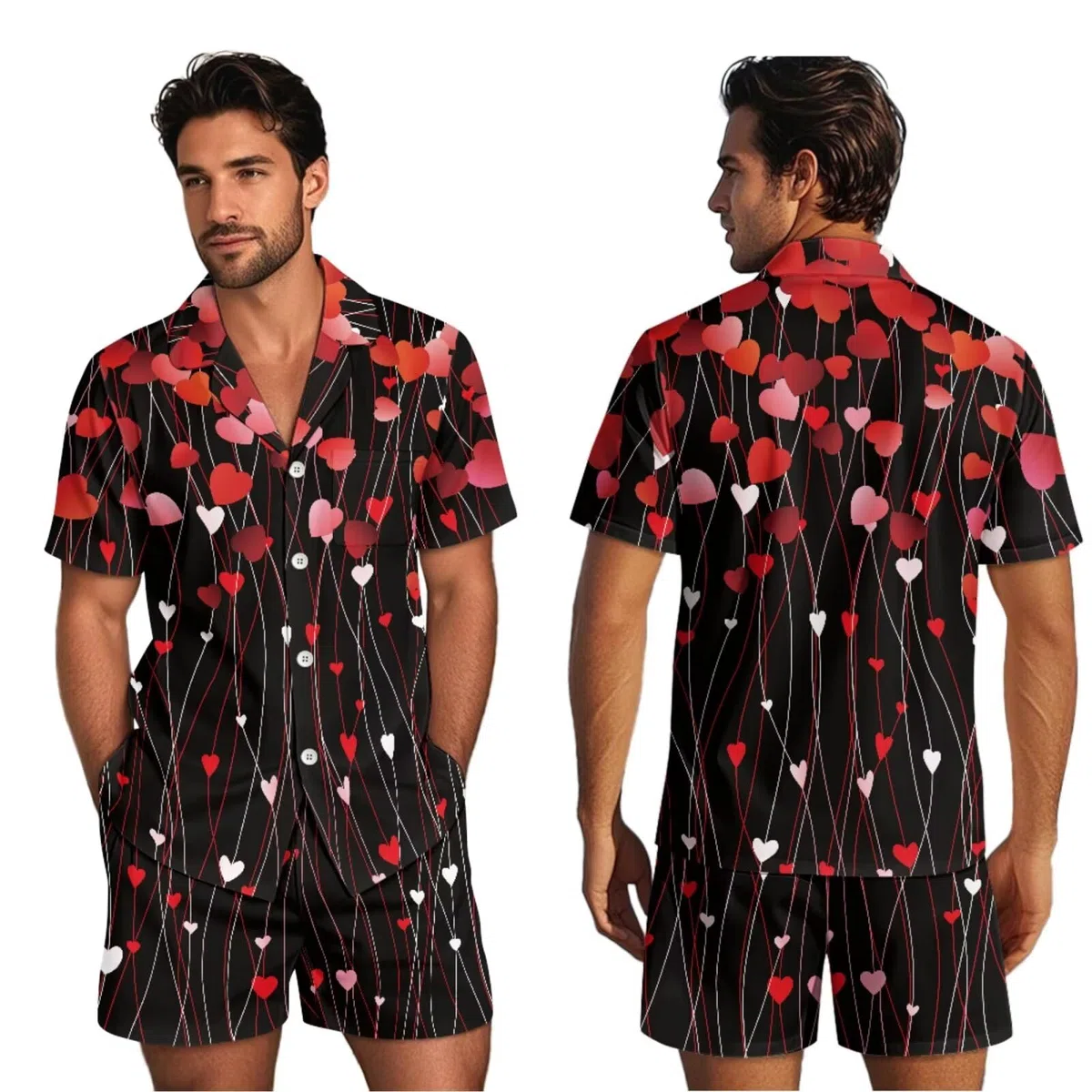 Conjunto de pijama a juego para parejas, de manga corta, con botones, ropa de dormir, Corazones rojos, XL