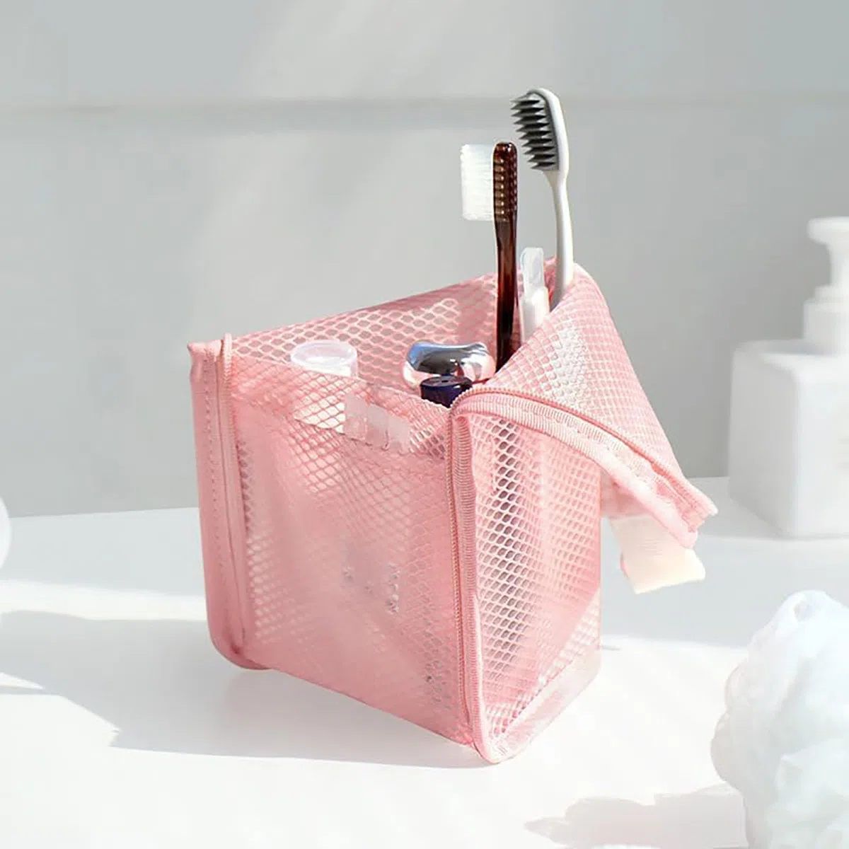Neceser de pie portátil de malla EVA, organizador de cosméticos independiente, impermeable, plegable, transparente, para viajes, almacenamiento de cepillos de dientes de baño