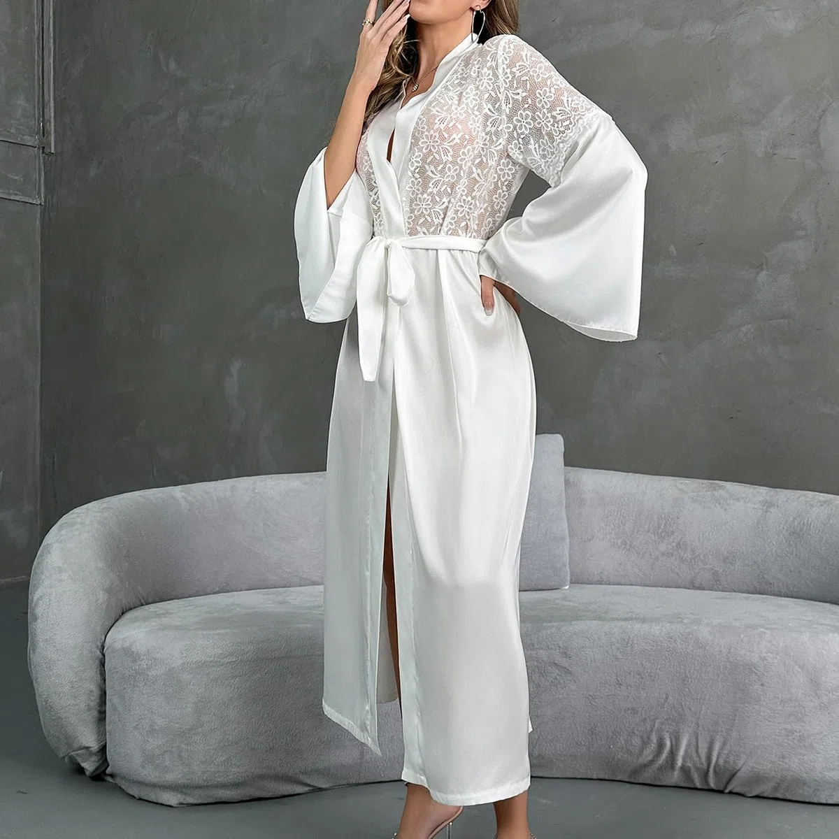Bata de satén para novia, ropa de dormir blanca de manga larga, ropa de dormir ligera para mujer, para bodas, spa y hogar