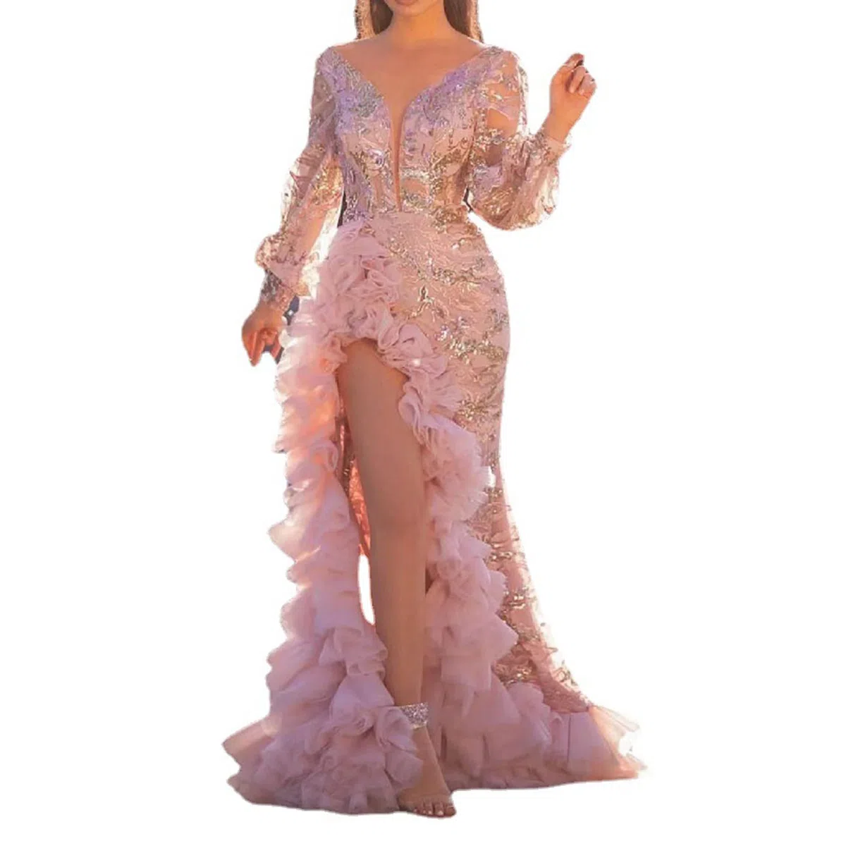 NLAVW Vestido de Noche para Mujer, Rosa, Sexy, con Escote en V Profundo, ceñido al Cuerpo, Malla con Abertura, Lentejuelas, Fiesta, graduación, Vestido Formal, Vestidos maduros