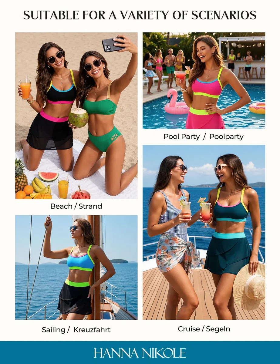 Hanna Nikole Conjunto de bikini para mujer, traje de baño de dos piezas para mujer, bikini push up, traje de baño de cintura alta, falda de bikini de malla transparente