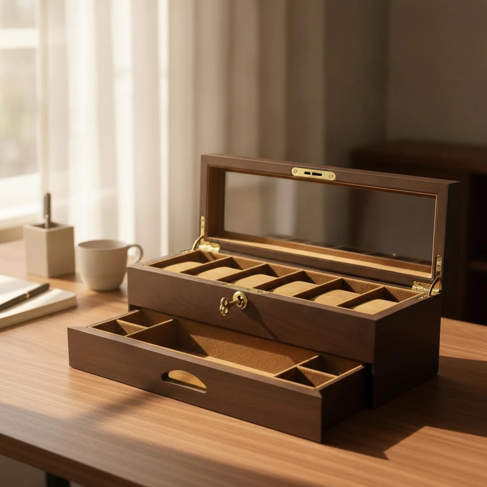 rockible Organizador Relojes con Tapa Cristal Organizado Joyero con Cierre Caja Almacenamiento Joyas para Coleccionistas, Tocador, Caja De 6 Relojes De Doble Capa Con Cajón, Acabado En Teca