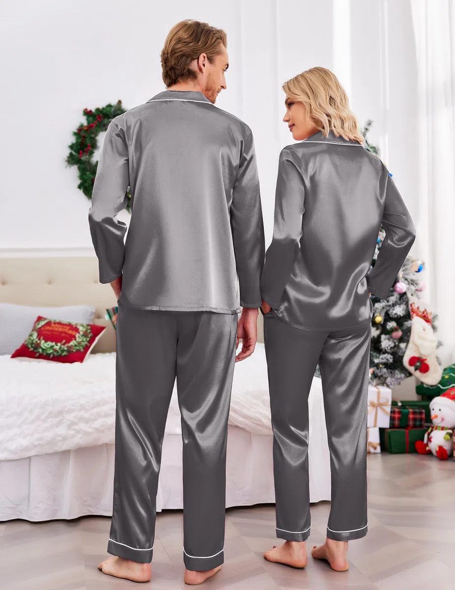 Ekouaer Pijamas a juego para parejas, de seda, de manga larga, de satén, suave, con botones, tallas S-XXL, Gris oscuro, Medium