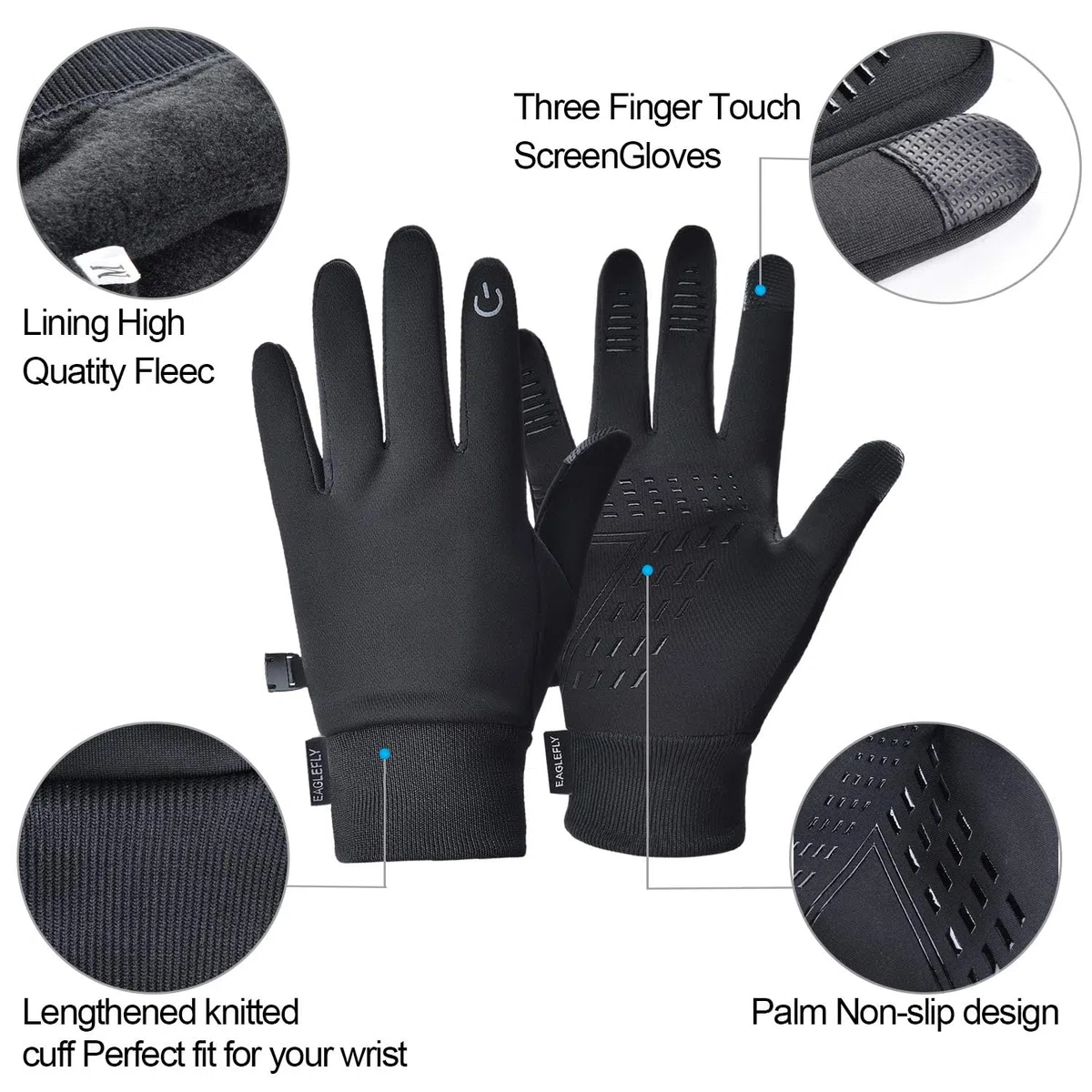 Guantes de invierno EAGLEFLY para pantalla táctil, ligeros, resistentes al agua caliente para caminar, equitación, ciclismo, correr y conducir (mediano)