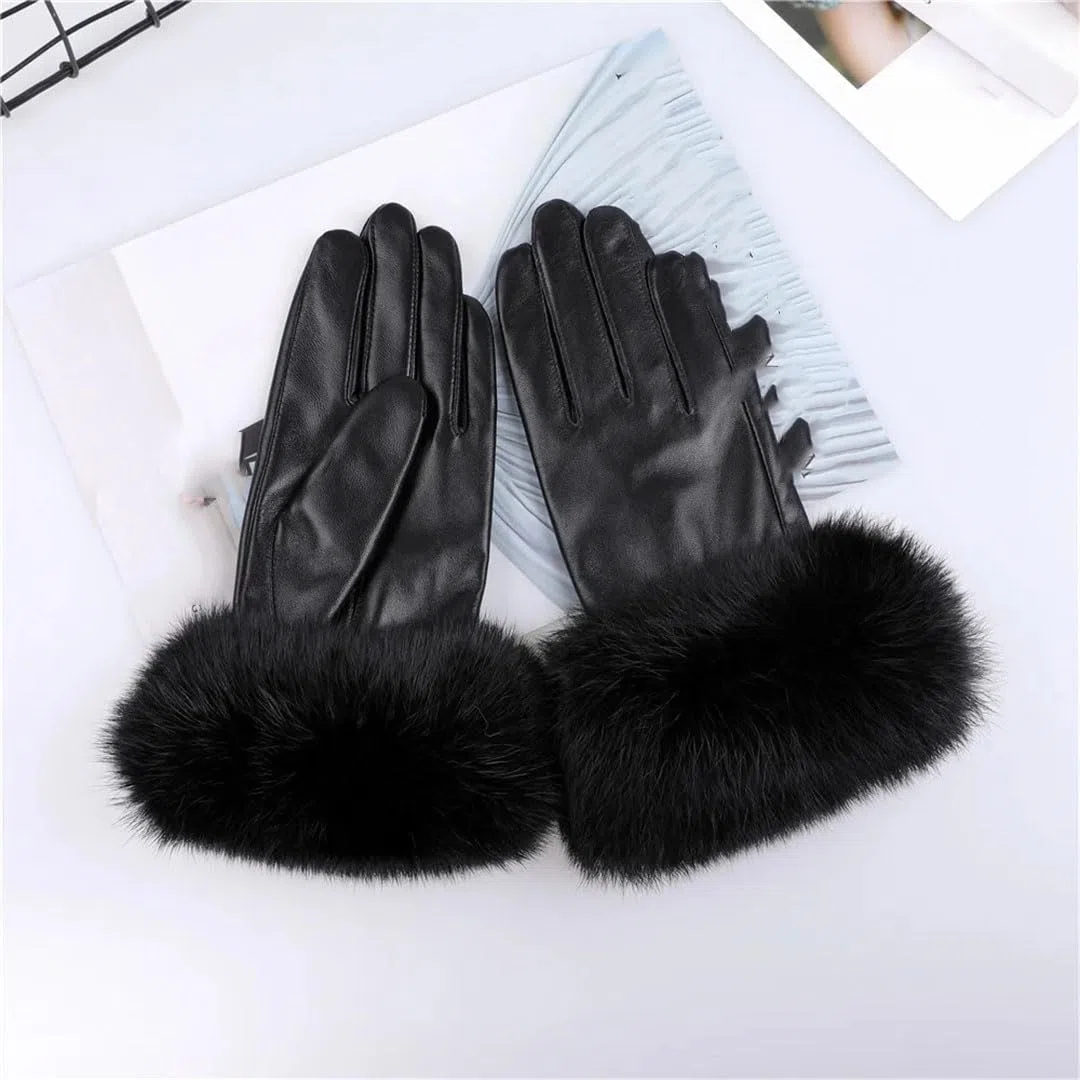 Guantes de cuero para mujer con puños de forro polar, guantes térmicos con forro polar para pantalla táctil, resistentes al viento, ciclismo, conducción, correr