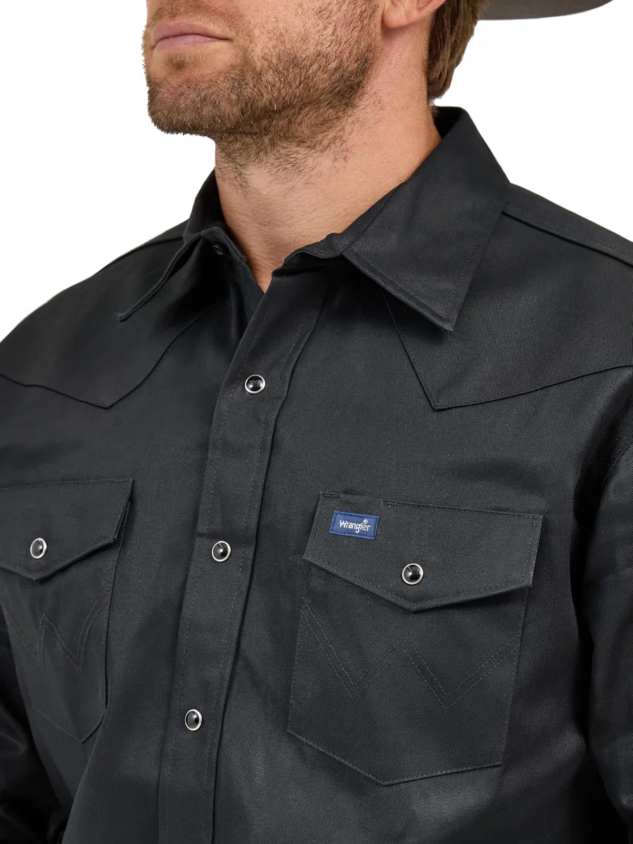 Wrangler Camisa de Trabajo de Manga Larga para Hombre, Corte Vaquero, Acabado Firme, Negro -, 3X Alto