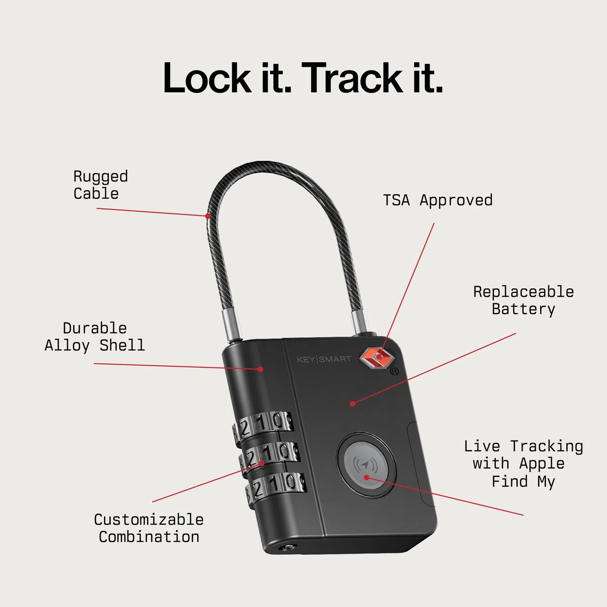 KeySmart SmartLock – Candado inteligente con rastreador, aprobado por la TSA, compatible con Apple Find My, GPS Bluetooth, batería reemplazable no recargable (Pack de 3)