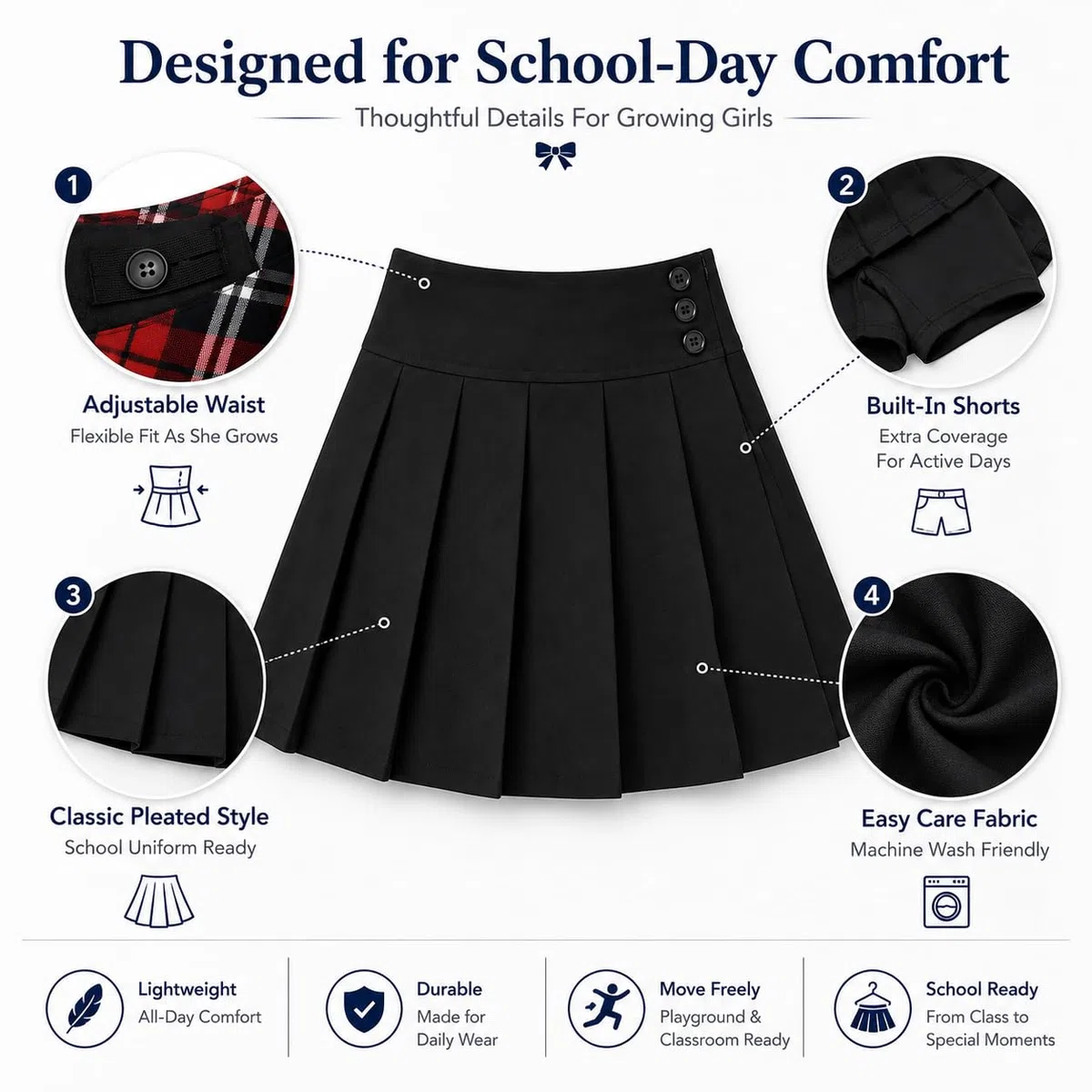 Bienzoe Falda de uniforme escolar para niñas: falda plisada de cintura ajustable para niños, negro, 13-14 Years